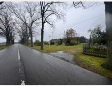 Gerade Landstraße, gesäumt von kahlen Bäumen, die in die Ferne führt. Rechts der Straße eine grüne Wiese mit Bäumen, Zäunen und vereinzelten Gartenanlagen; im Hintergrund Stromleitungen und bewaldetes Gebiet.