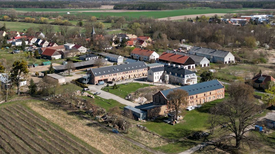 Luftaufnahme eines ländlichen Gutshof- und Dorfbereichs mit mehreren langgestreckten Wirtschaftsgebäuden und roten sowie grauen Dächern, umgeben von Wiesen und Feldern. Im Hintergrund sind ein kleiner Ortskern mit Kirchturm, Baumgruppen und weitläufige Ackerflächen bis zum Horizont zu sehen.