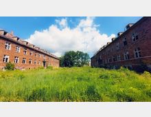 Zwei verlassene, verwitterte Backsteingebäude stehen sich auf beiden Seiten einer überwucherten Wiese gegenüber. Im Hintergrund sind ein großer Baum und teils bewölkter Himmel zu sehen.