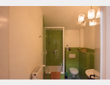 Ein Badezimmer mit grünen Fliesenwänden, einer Duschkabine mit Glaswand, einem wandmontierten WC und einem kleinen Waschbecken. An der Decke hängt eine mehrteilige Lampe, und auf einer Ablage liegen Handtücher.