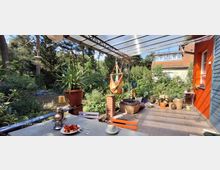 Überdachte Terrasse eines Wohnhauses mit transparentem Wellplattendach und Blick in einen dicht bewachsenen Garten mit hohen Bäumen. Auf der Terrasse stehen zahlreiche Topfpflanzen, ein Tisch mit Geschirr, ein Hängesessel sowie Körbe und Pflanzgefäße entlang der Hauswand.