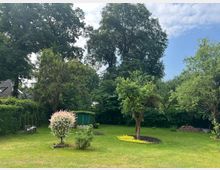 Großer, gepflegter Garten mit weitläufiger Rasenfläche, mehreren Laubbäumen und einem blühenden Zierstrauch im Vordergrund. Im Hintergrund stehen eine grüne Gartenhütte, Hecken sowie ein teilweise sichtbares Wohnhausdach unter blauem Himmel mit Wolken.