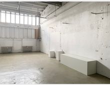 Ein leerer Raum mit einer hohen Decke, weiß gestrichenen Wänden und mehreren rechteckigen Fenstern, die Tageslicht hereinlassen. An den Wänden befinden sich Heizkörper und an der rechten Wand stehen mehrere weiße Podeste vor einer stark strukturierten Wand.