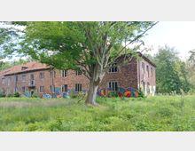 Backsteingebäude mit teilweise beschädigtem Dach und Graffiti an den unteren Fassaden, umgeben von dichter Vegetation und einer großen Wiese im Vordergrund. Ein großer Baum steht zentral vor dem Gebäude, das offenbar verlassen wirkt.