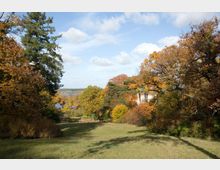 Weite Parklandschaft im Herbst mit Bäumen in goldenen, roten und grünen Farbtönen, die ein sanft abfallendes Grasgelände säumen. Im Hintergrund ist ein kleiner See sichtbar, teils von Bäumen verdeckt, sowie ein Gebäude am rechten Bildrand.