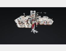 3D-Modell einer Wohnung mit mehreren miteinander verbundenen Räumen, die von oben betrachtet werden. Die Räume enthalten Möbel und Dekorationen, und die Wände sind hell gehalten, wodurch das Layout und die Inneneinrichtung sichtbar werden.