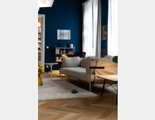 Wohnzimmer mit dunkelblauen Wänden, einem großen Fenster mit weißen Vorhängen und einem hellgrauen Sofa. Auf dem hellen Holzfußboden liegt ein weißer Teppich; im Hintergrund sind ein Bücherregal und Wanddekorationen sichtbar.