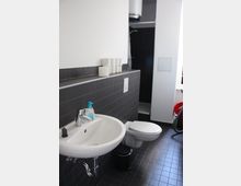 Modernes Badezimmer mit dunklen Wand- und Bodenfliesen, einem weißen, wandmontierten Waschbecken mit Seifenspender und einem ebenso wandmontierten WC. Im Hintergrund ist eine Nische mit Duschbereich sichtbar, und auf einer Ablagefläche liegen mehrere Toilettenpapierrollen.