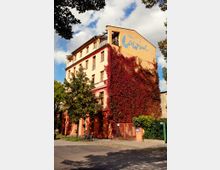 Ein vierstöckiges Gebäude mit orangefarbener Fassade, teilweise bewachsen von rot gefärbtem Efeu. Der Schriftzug „Culture Lab“ ist an der oberen Wand sichtbar, umgeben von Bäumen und einem kleinen Eingangstor.