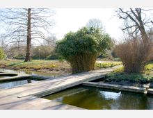 Ein Landschaftsgarten mit einem kleinen Fluss, der von schmalen Betonbrücken überspannt wird. Im Vordergrund stehen Sträucher, dahinter sind Bäume und ein geschwungener Weg zu sehen.