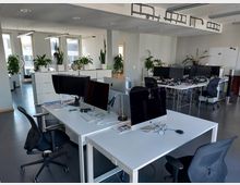 Modernes Großraumbüro mit weißen Schreibtischen, schwarzen Bürostühlen und mehreren Computerbildschirmen. Im Hintergrund befinden sich Pflanzen und hohe Fenster, die viel Tageslicht hereinlassen.