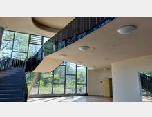 Modernes, lichtdurchflutetes Treppenhaus mit großen Glasfenstern, die den Blick auf grüne Bäume freigeben. Eine geschwungene Treppe mit dunklem Geländer führt nach oben, während die weiße Decke mit mehreren runden Deckenleuchten ausgestattet ist.