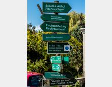 Mehrere grüne und hellbraune Wegweiser an einem Pfosten zeigen zu verschiedenen Zielen, darunter "Brauses Aalhof Fischräucherei", "Schloß Blankensee" und "66-Seen-Weg". Der Hintergrund besteht aus Bäumen, vereinzelten Gebäuden und einem blauen Himmel.