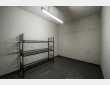 Leerer Raum mit Wänden und Decke aus grauem Beton, beleuchtet durch eine hängende rechteckige Neonleuchte. An der linken Wand steht ein schwarzes Metallregal mit mehreren leeren Ebenen auf einem Betonboden.