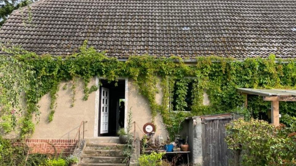 Ein älteres Einfamilienhaus mit Satteldach, dessen Fassade teils von grünem Efeu überwuchert ist. Vor dem Eingangsbereich führen einige Stufen zur offenen Haustür, daneben stehen Blumentöpfe und kleinere Gartenobjekte, während rechts ein Holzschuppen sichtbar ist.