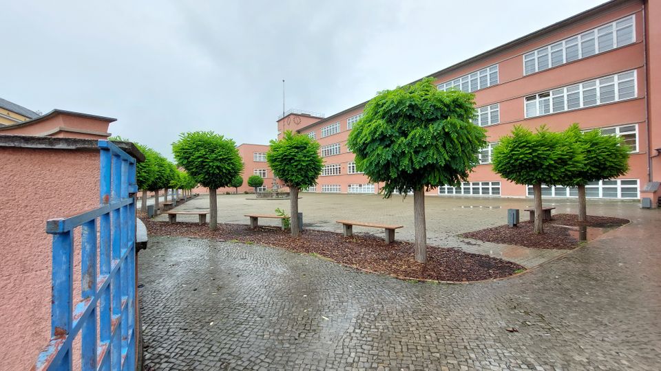 Großer, gepflasterter Schulhof mit kleinen Bauminseln, Sitzbänken und einem rosafarbenen Gebäudekomplex im Hintergrund, der große Fensterreihen hat. Ein blauer Zaun ist links im Vordergrund zu sehen.