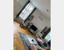 Wohnzimmer mit hellem Holzboden, einer großen Fensterfront mit blickdichten Vorhängen und modernen Möbeln, darunter ein Sofa, ein niedriger Couchtisch und ein Fernseher auf einem weißen TV-Schrank. Im Raum befinden sich auch eine Zimmerpflanze, ein Teppich mit Muster sowie ein auffälliger Kronleuchter.