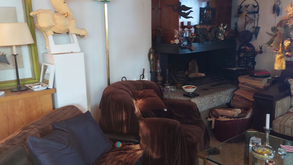 Wohnzimmer mit Holzboden, Sofas mit braunen Überwürfen, einem Kamin in einer Ecke aus dunklem Holz und dekorativen Figuren. Ein Couchtisch aus Glas steht auf einem roten Teppich, und Wände sind mit Bildern und verschiedenen Dekorationen geschmückt.