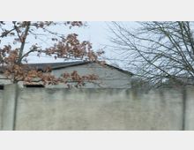 Eine graue Mauer im Vordergrund, dahinter ein schlichtes Gebäude mit grauem Dach, umgeben von kahlen Bäumen mit vereinzeltem braunen Laub. Der Himmel ist bewölkt.