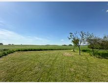 Weite Grünfläche mit geschnittenem Rasen im Vordergrund und Feldern im Hintergrund, umgeben von vereinzelten Bäumen. Der Himmel ist klar und wolkenlos.