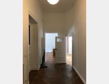 Flur eines Wohnraumes mit weißen Wänden, einer weißen Tür mit Glaseinsatz und einem dunklen Fischgrät-Holzboden; im Hintergrund ist ein Raum mit hellem Holzfußboden und Möbeln sichtbar.