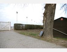 Ein gepflasterter Weg führt an einer großen Baumstamm-Basis vorbei, an der ein Skateboard lehnt. Im Hintergrund sind ein weißes Tor, Hecken, Flutlichtmasten und ein dunkles Holzgebäude mit der Nummer "22" zu sehen.