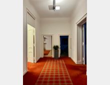 Eine helle Innenansicht eines Flures mit roten Teppichboden und kariertem Läufer in der Mitte. Drei Türen sind sichtbar: links mit offener weißer Tür, mittig mit einer Pflanze davor, und rechts mit Blick in einen dunklen Raum.