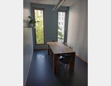 Kleiner Besprechungsraum mit blauen Wänden, einem Holztisch und vier schwarzen Stühlen. Zwei große Fenster lassen Tageslicht herein, daneben ist ein kleines Wandregal mit Pflanzen angebracht.