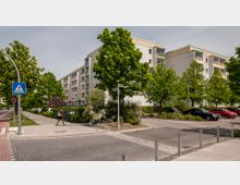 Mehrstöckiges Wohngebäude mit Balkonen, umgeben von Bäumen und Grünflächen. Im Vordergrund befindet sich ein Fußgängerüberweg mit Zebrastreifen, daneben geparkte Autos und ein Gehweg.