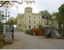 Gelbes Schlossgebäude im klassizistischen Stil mit einem Eckturm, umgeben von Bäumen. Am Eingang befinden sich ein gepflasterter Weg, schmiedeeiserne Tore und steinerne Sphinx-Statuen.