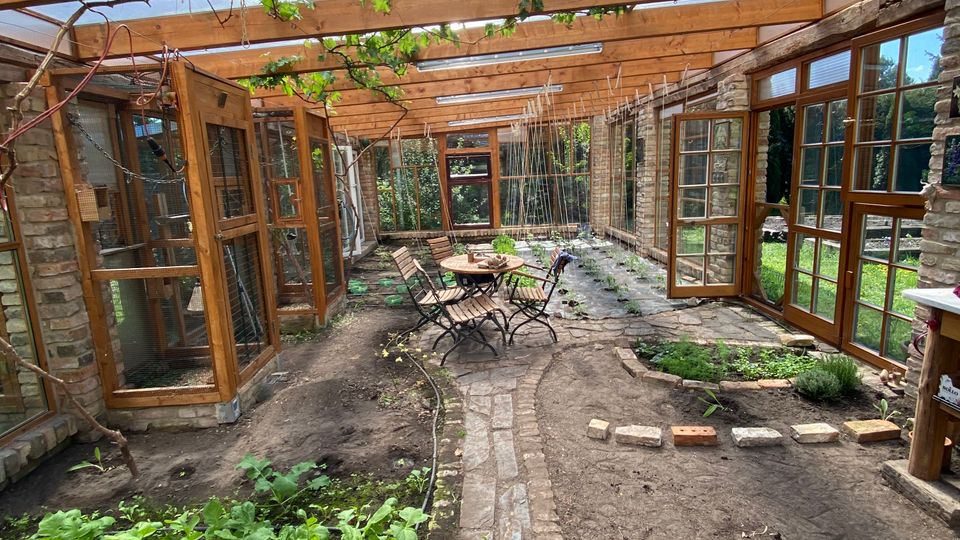 Überdachter Innenhof oder Wintergarten mit transparentem Dach auf Holzträgern, an denen Ranken wachsen, und seitlichen Steinwänden mit großen Holzfenstern und geöffneten Türen. In der Mitte führt ein schmaler Steinweg zu einem kleinen Tisch mit Stühlen, umgeben von Erde, Beeten und jungen Pflanzen.