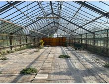 Ein großes, leerstehendes Gewächshaus mit einem Dach und Wänden aus Glas, unterstützt von einer Metallkonstruktion. Im Inneren sind vereinzelte Pflanzen und Werkzeuge wie ein grüner Handwagen sichtbar, während der Boden teilweise mit Planen und Holzstegen bedeckt ist.