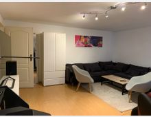 Wohnzimmer mit heller Holzoptik-Bodenfläche, großer schwarzer Eckcouch und Couchtisch auf einem hellen Teppich. An der weißen Wand hängt ein farbiges Bild, daneben stehen ein weißer Schrank und eine Tür; an der Decke sind Spot-Schienenleuchten montiert.