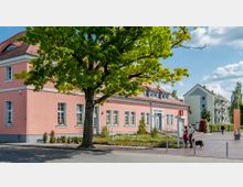 Ein rosafarbenes Rathausgebäude mit weißen Fenstern und roten Ziegeldach, umgeben von Blumenbeeten und einem großen Baum im Vordergrund. Im Hintergrund sind Wohnhäuser und ein blauer Himmel mit einigen Wolken zu sehen.