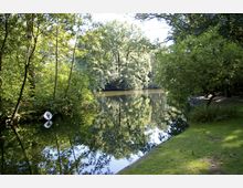 Waldsee mit ruhiger Wasseroberfläche, umgeben von dichtem grünen Laubwald; am rechten Ufer befindet sich eine grasbewachsene Fläche.