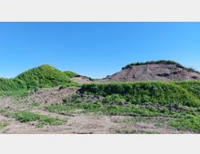 Hügelige Landschaft mit Erdhaufen, teils mit grüner Vegetation bedeckt, unter klarem blauen Himmel. Im Vordergrund ist unebenes Erd- und Grasgelände zu sehen.