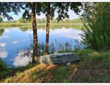 Ein stiller See mit klarem Wasser, umgeben von Bäumen und Schilf, mit einem umgedrehten Ruderboot am grasbewachsenen Ufer im Vordergrund. Die Bäume werfen Schatten auf den Boden und spiegeln sich im Wasser.