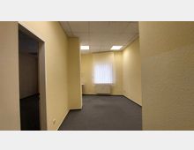 Leerer Büroraum mit gelb gestrichenen Wänden, grauem Teppichboden und abgehängter Decke mit eingebauten Leuchtpanelen. An der Stirnseite befindet sich ein Fenster mit vertikalen Lamellen und darunter ein Heizkörper.