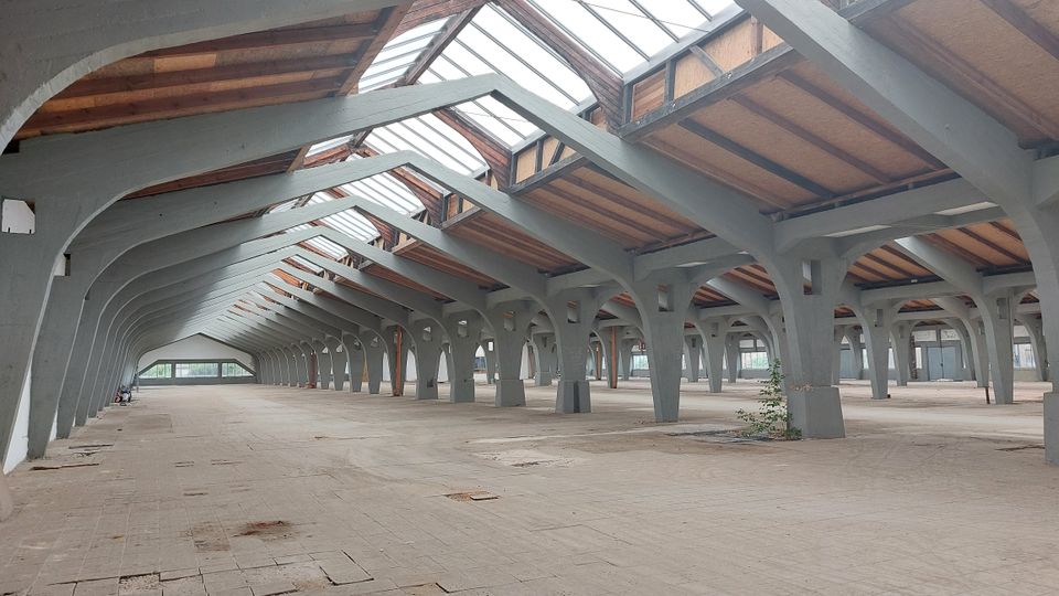 Weitläufiger, leerer Innenraum eines Gebäudes mit grauen Betonstreben, die das Holzdach mit Oberlichtern stützen. Der Boden besteht aus ungleichmäßigen Fliesen, und Licht fällt durch die großen Fenster am Ende des Raumes.