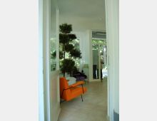 Ein Innenraum mit großen Fenstern, die Blick auf eine grüne Außenumgebung bieten. Im Vordergrund steht ein orangefarbener Sessel, neben dem sich eine Topfpflanze befindet; der Boden ist mit hellen Fliesen ausgelegt.