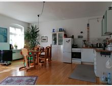 Wohnküche mit Holzboden, Esstisch und Stühlen aus Holz, einer großen Zimmerpflanze am Fenster sowie einer weißen Küchenzeile mit Kühlschrank, Herd und Hängeschränken. Im Raum befinden sich außerdem ein kleiner Teppich, ein Kinderstuhl und ein niedriger Fernseher auf Rädern.