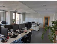 Ein modernes Büro mit mehreren Arbeitsplätzen, ausgestattet mit Computermonitoren, Tastaturen und Bürostühlen. Große Fenster lassen Tageslicht hinein, während Wände mit Planungs- und Organisationskalendern dekoriert sind; Zimmerpflanzen sind an verschiedenen Stellen verteilt.