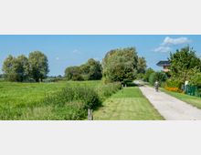 Ländliche Landschaft mit einer schmalen, unbefestigten Wegstraße, die an einer Wiese mit Bäumen entlangführt. Rechts sind ein Gebäude mit dunklem Dach und ein Garten mit Blumen sowie eine Person auf einem Fahrrad zu sehen.