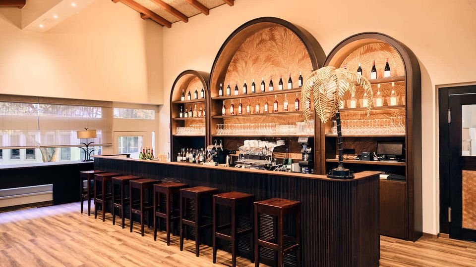 Interior of a modern bar with a long dark wood counter and a row of tall stools on a light wood floor. Behind the counter are large arched shelving units with bottles and glassware against patterned panels, under a high ceiling with exposed beams and a large window wall.