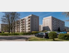 Mehrstöckige, schlichte Wohngebäude in Plattenbauweise, umgeben von einer Grünfläche mit Bäumen und Büschen. Im Vordergrund befindet sich ein Parkplatz mit mehreren geparkten Autos.