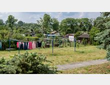 Grüne Gartenanlage mit mehreren kleinen Parzellen und Gartenhäusern im Hintergrund. Im Vordergrund hängen bunte Kleidungsstücke auf Wäscheleinen zwischen blauen Metallpfosten, umgeben von Bäumen und Sträuchern.