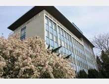 Mehrstöckiges Bürogebäude mit einer gläsernen Fassade und einer hellen Verkleidung, im Vordergrund blühende Büsche mit rosa-weißen Blüten sowie Bäume. Der Himmel ist leicht bewölkt.