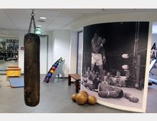 Trainingsbereich mit einem hängenden Boxsack, bunten Kettlebells auf einem Regal, Medizinbällen auf dem Boden und einer großen Schwarz-Weiß-Fotografie eines Boxkampfs an der Wand. Im Hintergrund sind weitere Fitnessgeräte sichtbar.