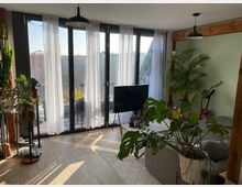 Helles Wohnzimmer mit großen bodentiefen Fenstern, die von weißen, transparenten Vorhängen bedeckt sind und auf einen Balkon führen. Im Raum stehen zahlreiche Zimmerpflanzen, eine graue Couch, ein Fernseher auf einem schmalen Tisch und eine Gitarre in der Ecke; die Einrichtung kombiniert helle Holzböden und Holzbalken.