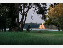 Wiese mit hohem Gras und vereinzelten Bäumen im Vordergrund, dahinter ein Fluss; am gegenüberliegenden Ufer steht ein historisches Gebäude mit einer Kuppel und neoklassizistischen Elementen, umgeben von Bäumen.